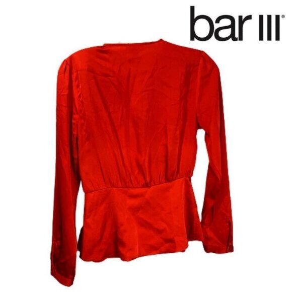 BAR III Women's Red Long Sleeve V Neck Faux Wrap‎ Tie-Waist Top - Picture 2 of 5